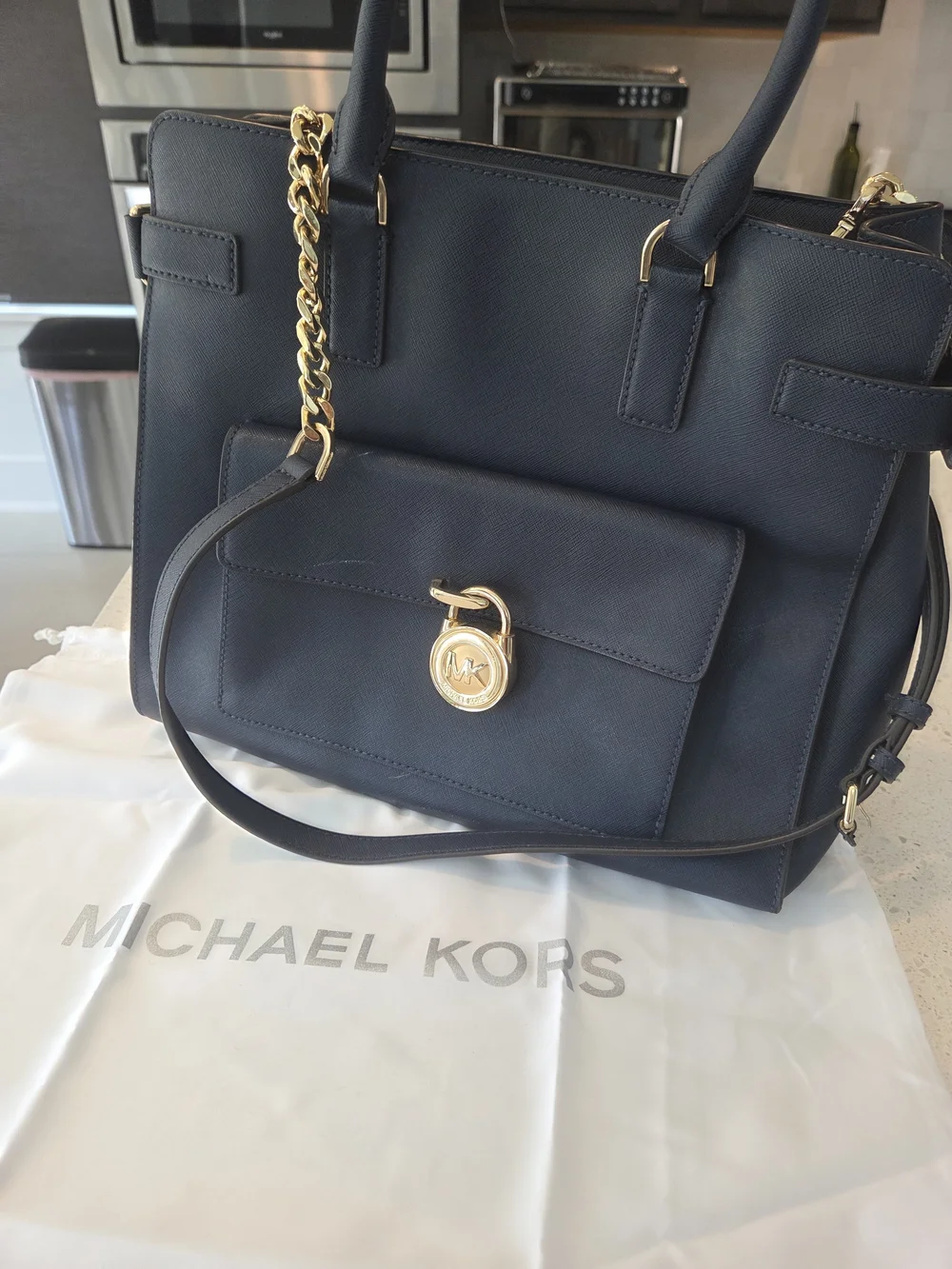 Michael Kors Navy Saffiano Leather Tote with Gold Hardware